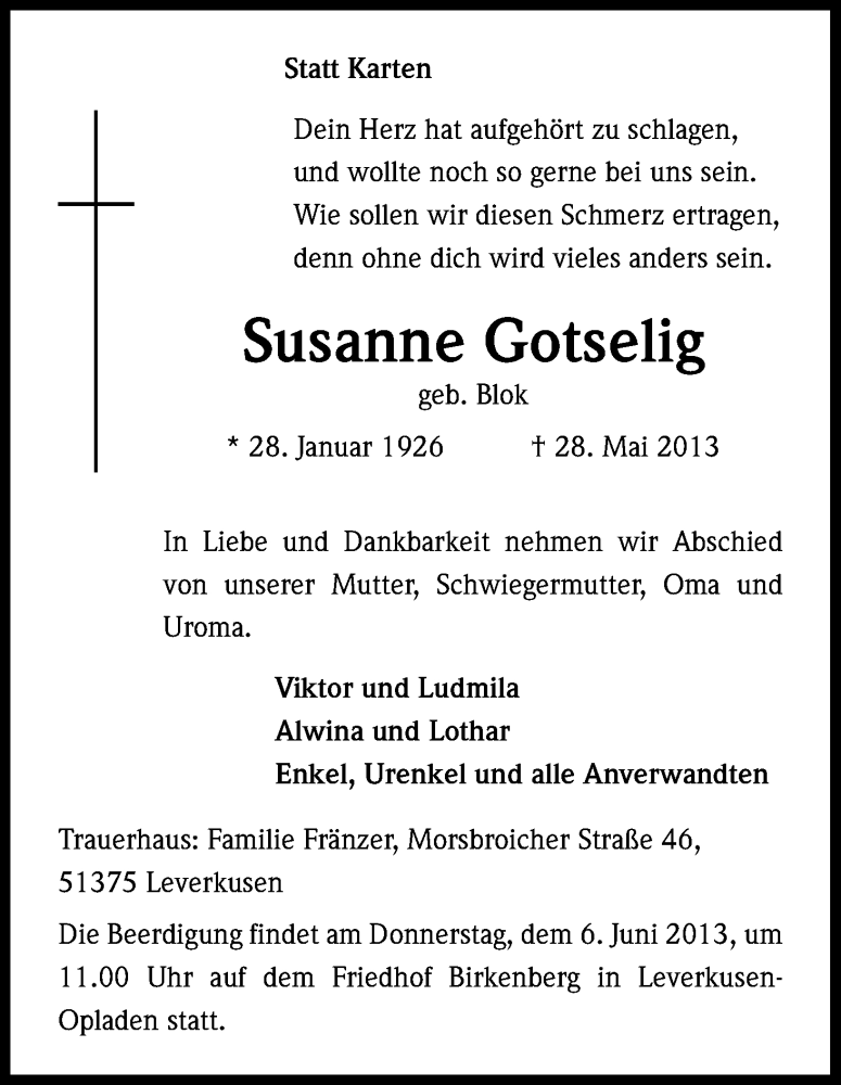  Traueranzeige für Susanne Gotselig vom 04.06.2013 aus Kölner Stadt-Anzeiger / Kölnische Rundschau / Express