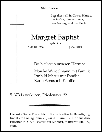 Anzeige von Margret Baptist von Kölner Stadt-Anzeiger / Kölnische Rundschau / Express