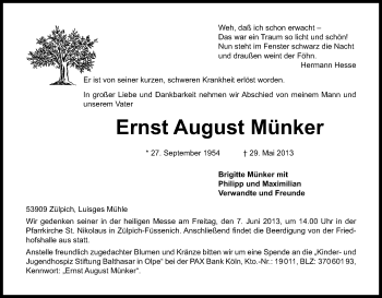 Anzeige von Ernst August Münker von Kölner Stadt-Anzeiger / Kölnische Rundschau / Express