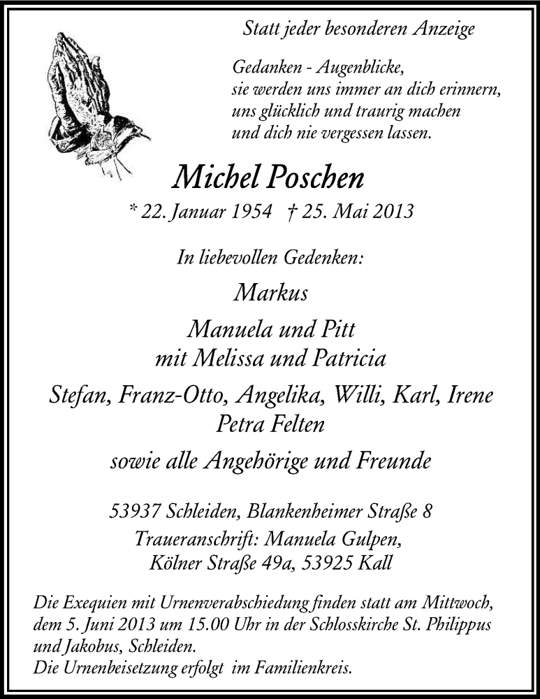  Traueranzeige für Michel Poschen vom 04.06.2013 aus Kölner Stadt-Anzeiger / Kölnische Rundschau / Express