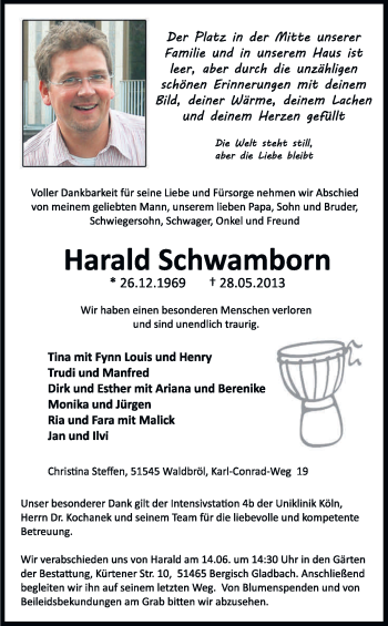Anzeige von Harald Schwamborn von Kölner Stadt-Anzeiger / Kölnische Rundschau / Express
