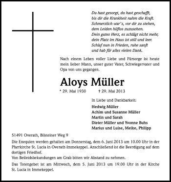 Anzeige von Aloys Müller von Kölner Stadt-Anzeiger / Kölnische Rundschau / Express