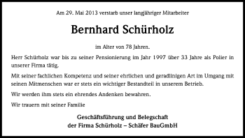 Anzeige von Bernhard Schürholz von Kölner Stadt-Anzeiger / Kölnische Rundschau / Express