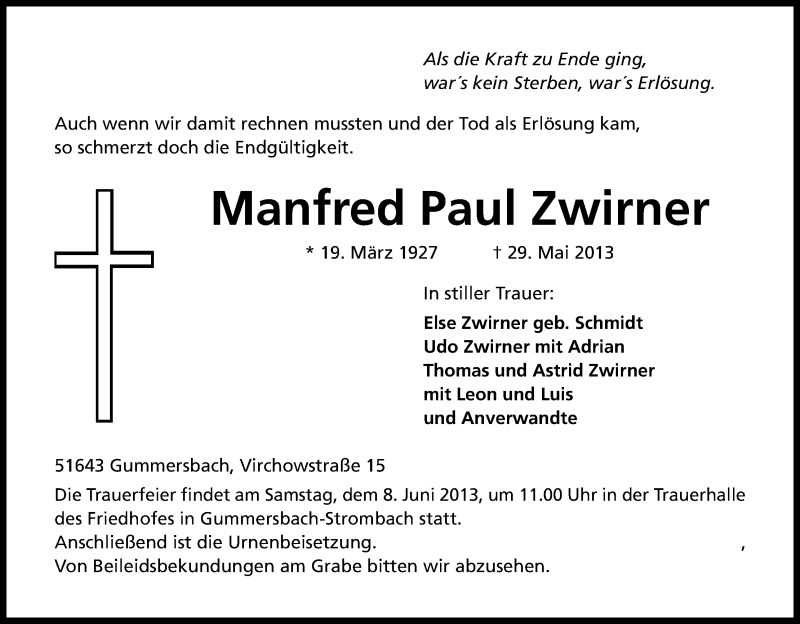  Traueranzeige für Manfred Paul Zwirner vom 05.06.2013 aus Kölner Stadt-Anzeiger / Kölnische Rundschau / Express