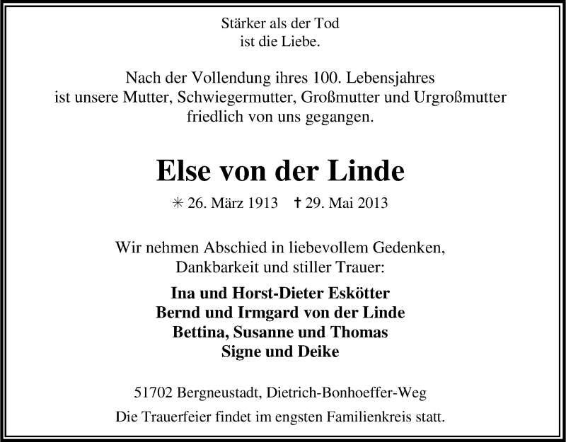  Traueranzeige für Else von der Linde vom 04.06.2013 aus Kölner Stadt-Anzeiger / Kölnische Rundschau / Express