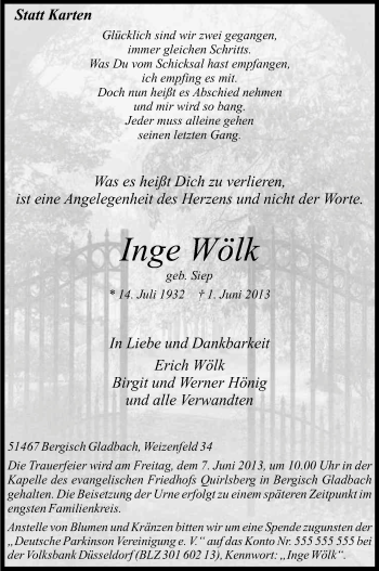 Anzeige von Inge Wölk von Kölner Stadt-Anzeiger / Kölnische Rundschau / Express