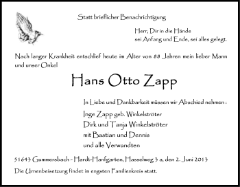 Anzeige von Hans Otto Zapp von Kölner Stadt-Anzeiger / Kölnische Rundschau / Express