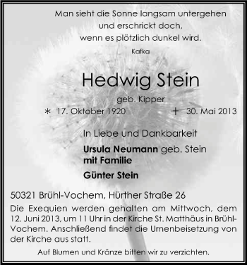 Anzeige von Hedwig Stein von Kölner Stadt-Anzeiger / Kölnische Rundschau / Express