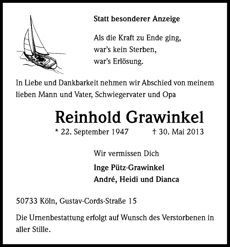  Traueranzeige für Reinhold Grawinkel vom 08.06.2013 aus Kölner Stadt-Anzeiger / Kölnische Rundschau / Express