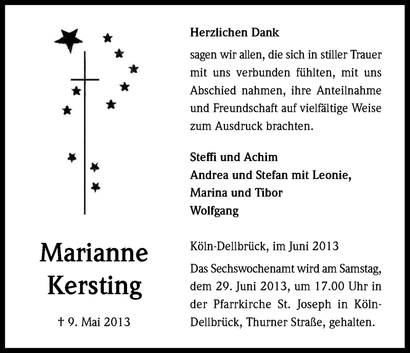  Traueranzeige für Marianne Kersting vom 22.06.2013 aus Kölner Stadt-Anzeiger / Kölnische Rundschau / Express