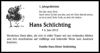 Anzeige von Hans Schlichting von Kölner Stadt-Anzeiger / Kölnische Rundschau / Express