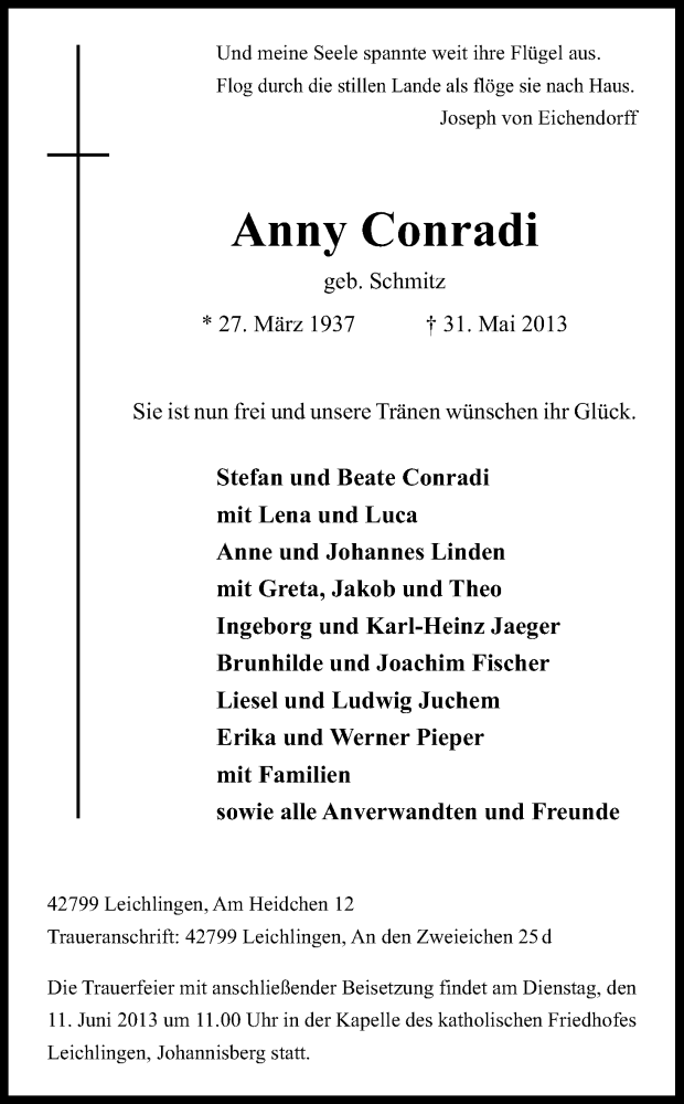  Traueranzeige für Anny Conradi vom 05.06.2013 aus Kölner Stadt-Anzeiger / Kölnische Rundschau / Express