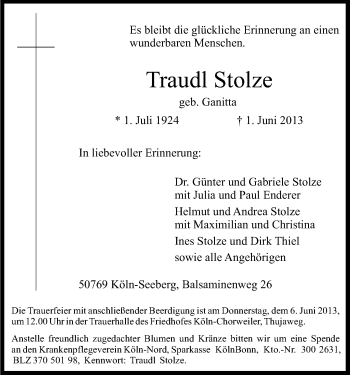 Anzeige von Traudl Stolze von Kölner Stadt-Anzeiger / Kölnische Rundschau / Express