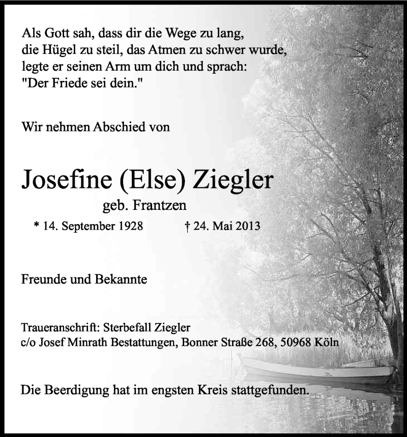  Traueranzeige für Josefine Ziegler vom 15.06.2013 aus Kölner Stadt-Anzeiger / Kölnische Rundschau / Express