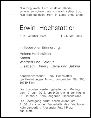 Anzeige von Erwin Hochstättler von Kölner Stadt-Anzeiger / Kölnische Rundschau / Express