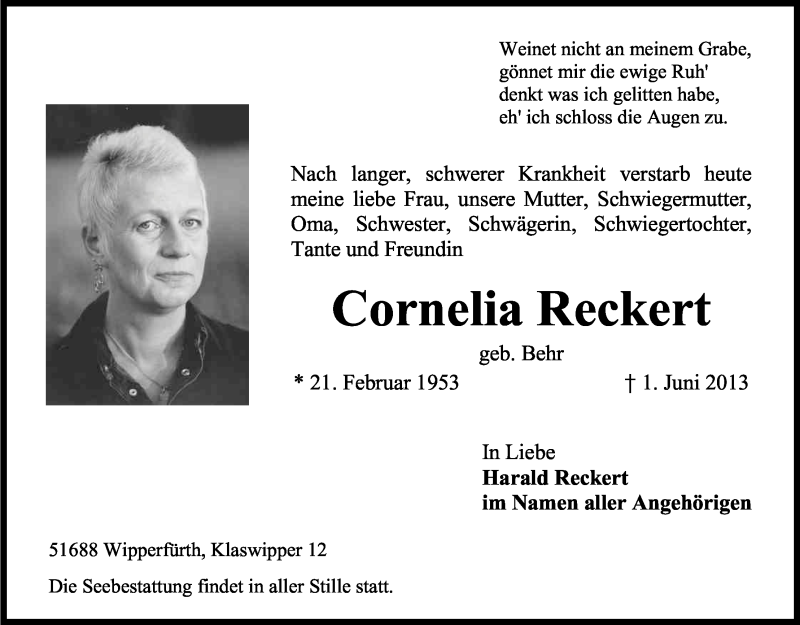  Traueranzeige für Cornelia Reckert vom 05.06.2013 aus Kölner Stadt-Anzeiger / Kölnische Rundschau / Express