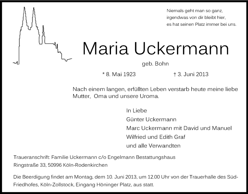  Traueranzeige für Maria Uckermann vom 08.06.2013 aus Kölner Stadt-Anzeiger / Kölnische Rundschau / Express