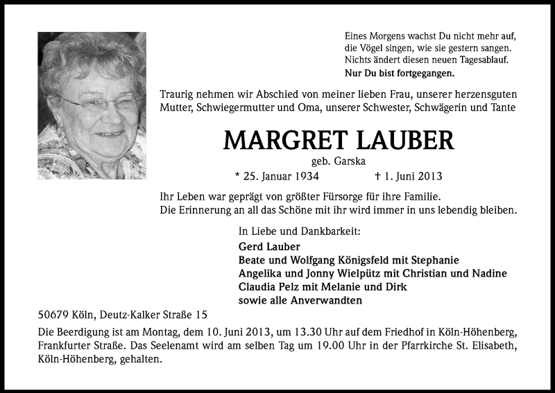  Traueranzeige für Margret Lauber vom 05.06.2013 aus Kölner Stadt-Anzeiger / Kölnische Rundschau / Express