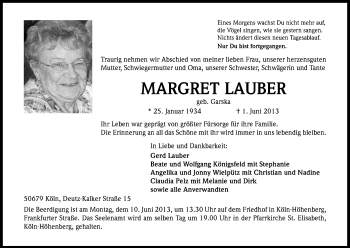 Anzeige von Margret Lauber von Kölner Stadt-Anzeiger / Kölnische Rundschau / Express