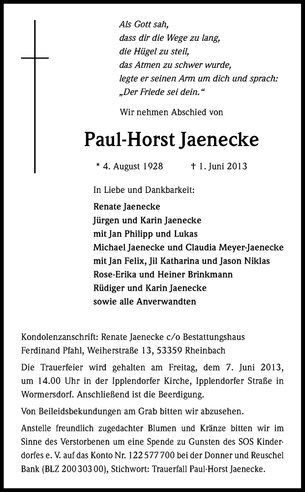  Traueranzeige für Paul-Horst Jaenecke vom 05.06.2013 aus Kölner Stadt-Anzeiger / Kölnische Rundschau / Express