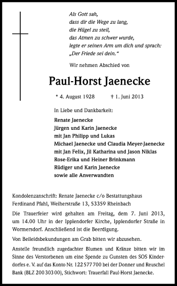 Anzeige von Paul-Horst Jaenecke von Kölner Stadt-Anzeiger / Kölnische Rundschau / Express