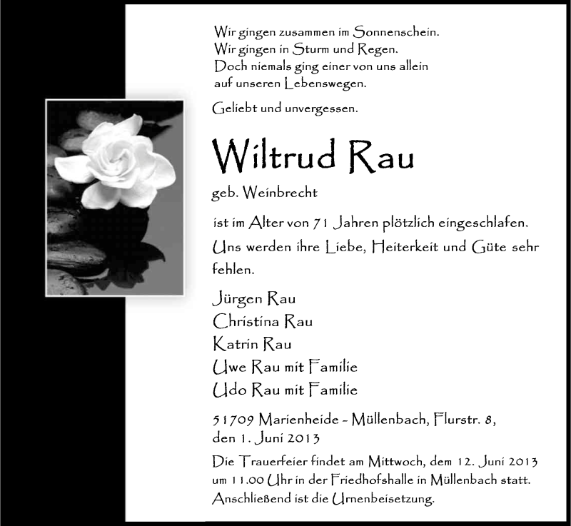  Traueranzeige für Wiltrud Rau vom 05.06.2013 aus Kölner Stadt-Anzeiger / Kölnische Rundschau / Express