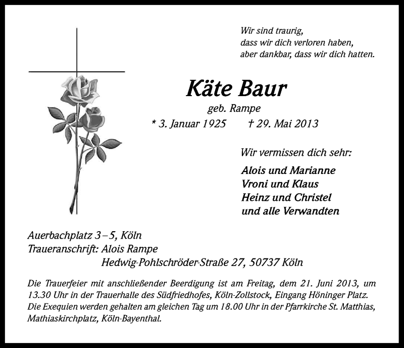 Traueranzeige für Käthe Baur vom 08.06.2013 aus Kölner Stadt-Anzeiger / Kölnische Rundschau / Express