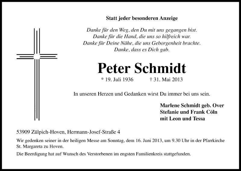  Traueranzeige für Peter Schmidt vom 08.06.2013 aus Kölner Stadt-Anzeiger / Kölnische Rundschau / Express