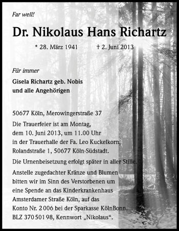 Anzeige von Nikolaus Hans Richartz von Kölner Stadt-Anzeiger / Kölnische Rundschau / Express