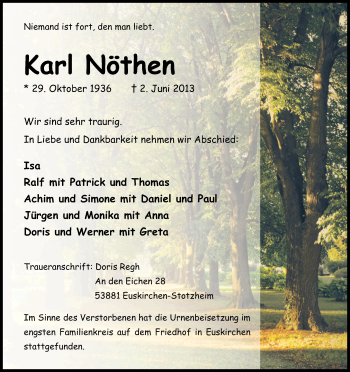 Anzeige von Karl Nöthen von Kölner Stadt-Anzeiger / Kölnische Rundschau / Express