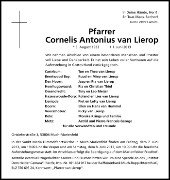Anzeige von Cornelis Antonius van Lierop von Kölner Stadt-Anzeiger / Kölnische Rundschau / Express