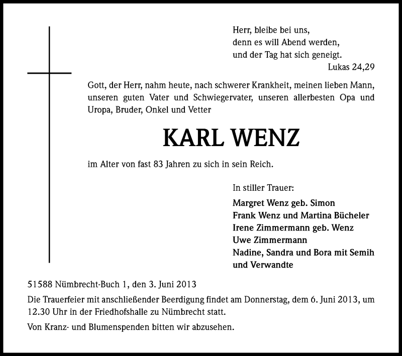  Traueranzeige für Karl Wenz vom 05.06.2013 aus Kölner Stadt-Anzeiger / Kölnische Rundschau / Express