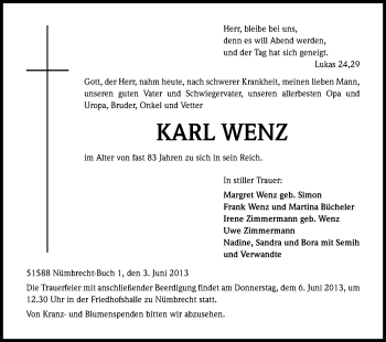 Anzeige von Karl Wenz von Kölner Stadt-Anzeiger / Kölnische Rundschau / Express