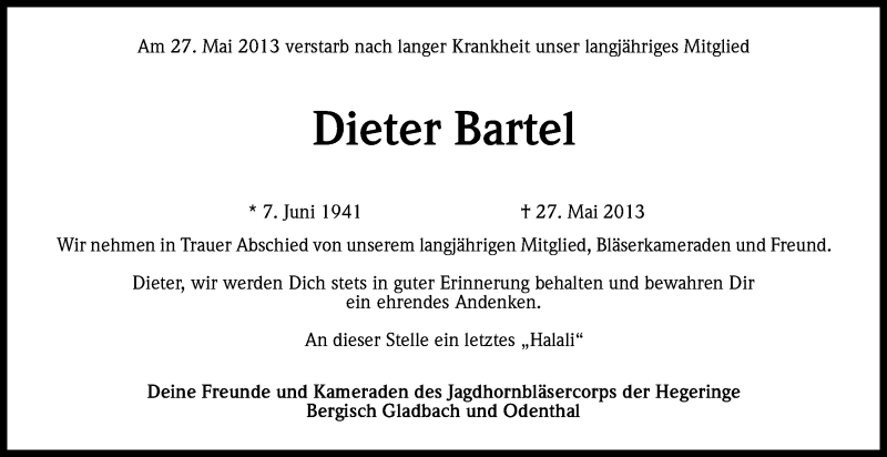  Traueranzeige für Dieter Bartel vom 08.06.2013 aus Kölner Stadt-Anzeiger / Kölnische Rundschau / Express