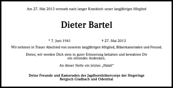 Anzeige von Dieter Bartel von Kölner Stadt-Anzeiger / Kölnische Rundschau / Express