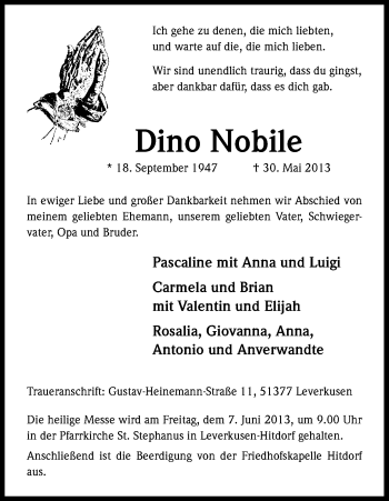 Anzeige von Dino Nobile von Kölner Stadt-Anzeiger / Kölnische Rundschau / Express