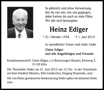Anzeige von Heinz Ediger von Kölner Stadt-Anzeiger / Kölnische Rundschau / Express