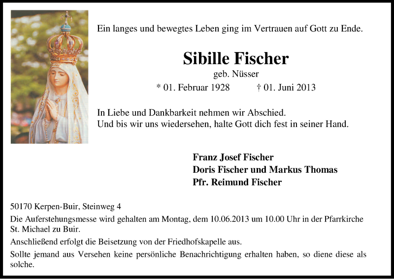  Traueranzeige für Sibille Fischer vom 08.06.2013 aus Kölner Stadt-Anzeiger / Kölnische Rundschau / Express