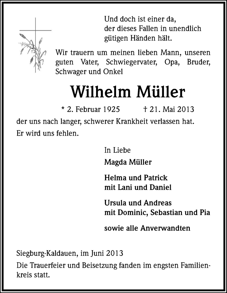 Traueranzeige für Wilhelm Müller vom 05.06.2013 aus Kölner Stadt-Anzeiger / Kölnische Rundschau / Express