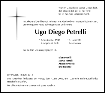 Anzeige von Ugo Diego Petrelli von Kölner Stadt-Anzeiger / Kölnische Rundschau / Express