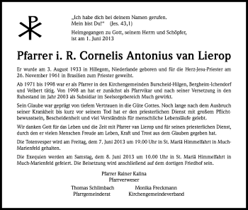 Anzeige von Cornelis Antonius van Lierop von Kölner Stadt-Anzeiger / Kölnische Rundschau / Express
