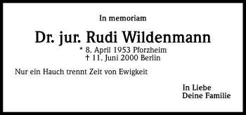 Anzeige von Rudi Wildenmann von Kölner Stadt-Anzeiger / Kölnische Rundschau / Express