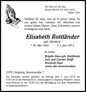 Anzeige von Elisabeth Rottländer von Kölner Stadt-Anzeiger / Kölnische Rundschau / Express
