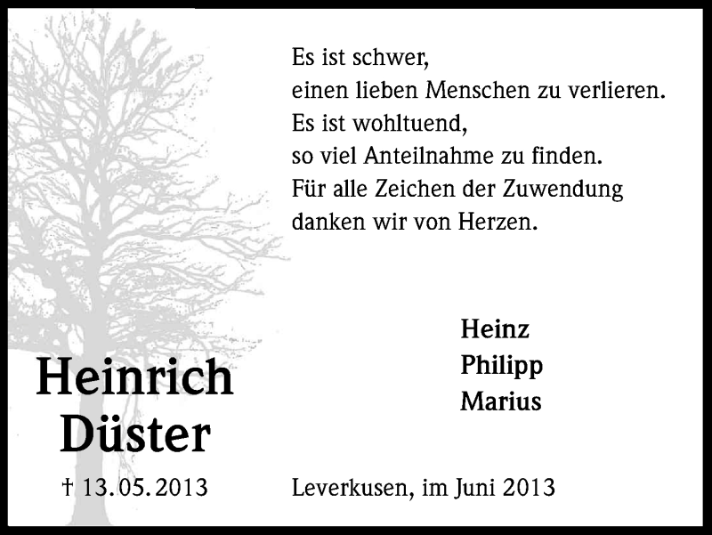  Traueranzeige für Heinrich Düster vom 08.06.2013 aus Kölner Stadt-Anzeiger / Kölnische Rundschau / Express