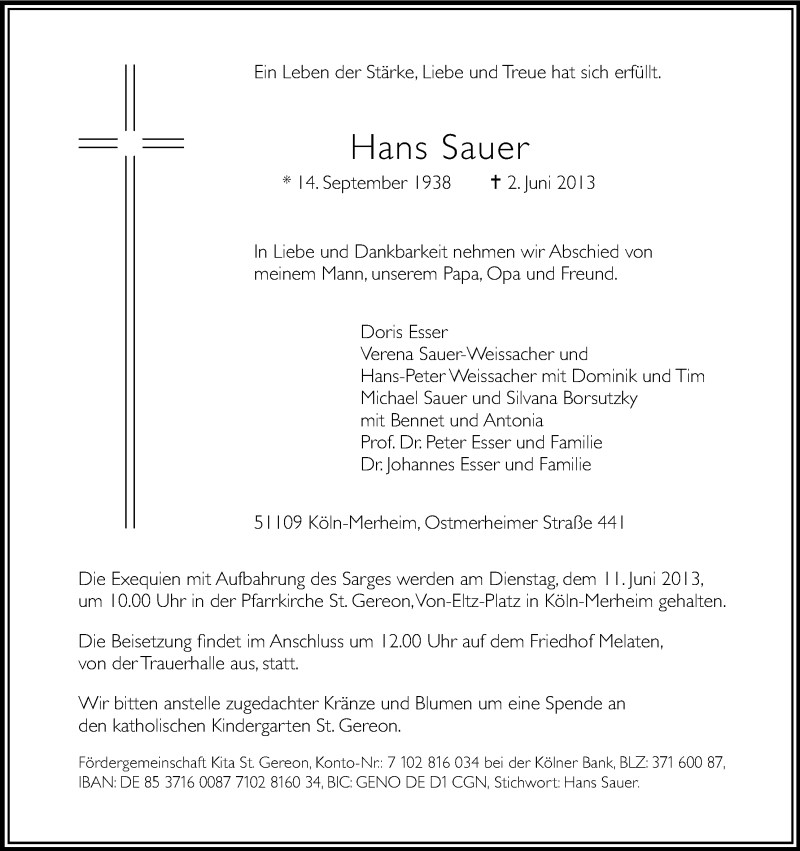  Traueranzeige für Hans Sauer vom 08.06.2013 aus Kölner Stadt-Anzeiger / Kölnische Rundschau / Express
