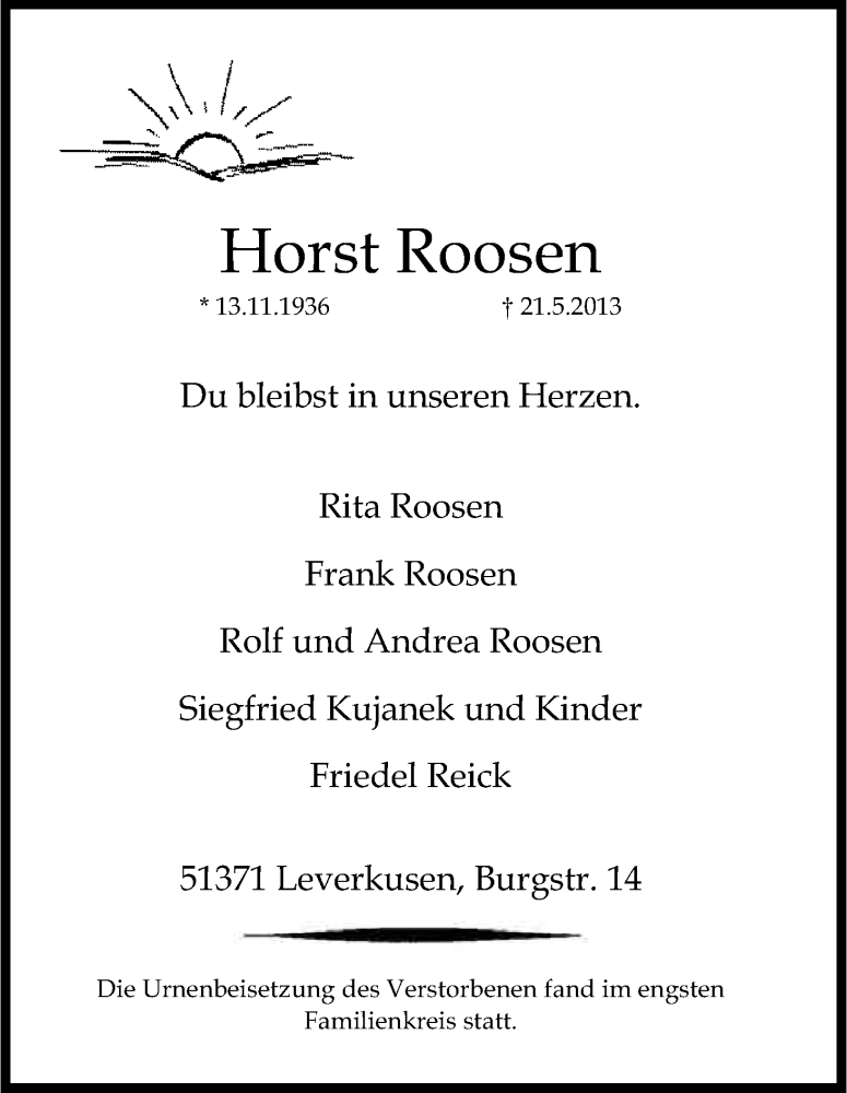  Traueranzeige für Horst Roosen vom 08.06.2013 aus Kölner Stadt-Anzeiger / Kölnische Rundschau / Express