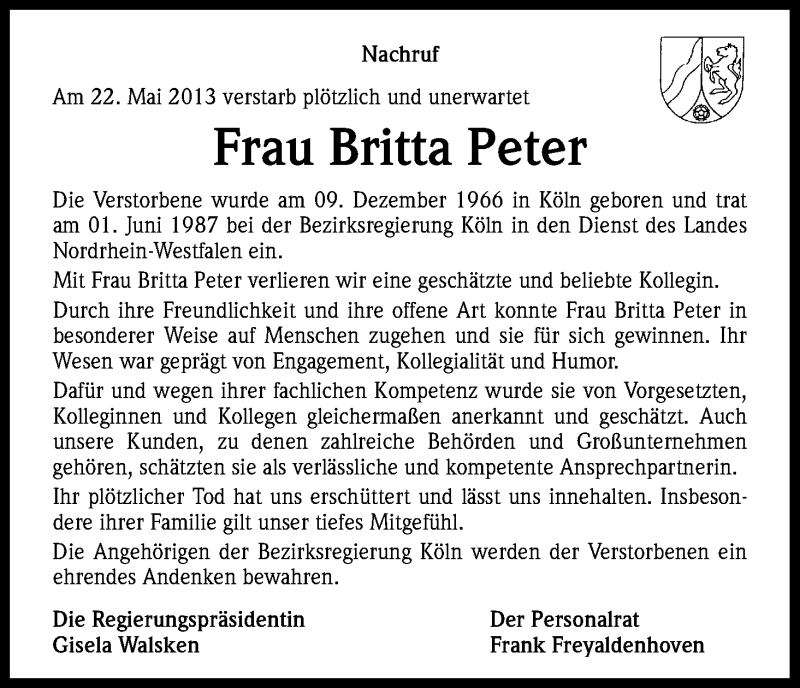 Traueranzeige für Britta Peter vom 06.06.2013 aus Kölner Stadt-Anzeiger / Kölnische Rundschau / Express