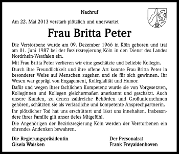 Anzeige von Britta Peter von Kölner Stadt-Anzeiger / Kölnische Rundschau / Express