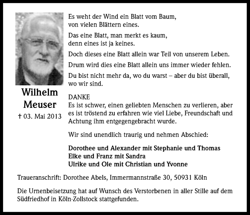  Traueranzeige für Wilhelm Meuser vom 08.06.2013 aus Kölner Stadt-Anzeiger / Kölnische Rundschau / Express
