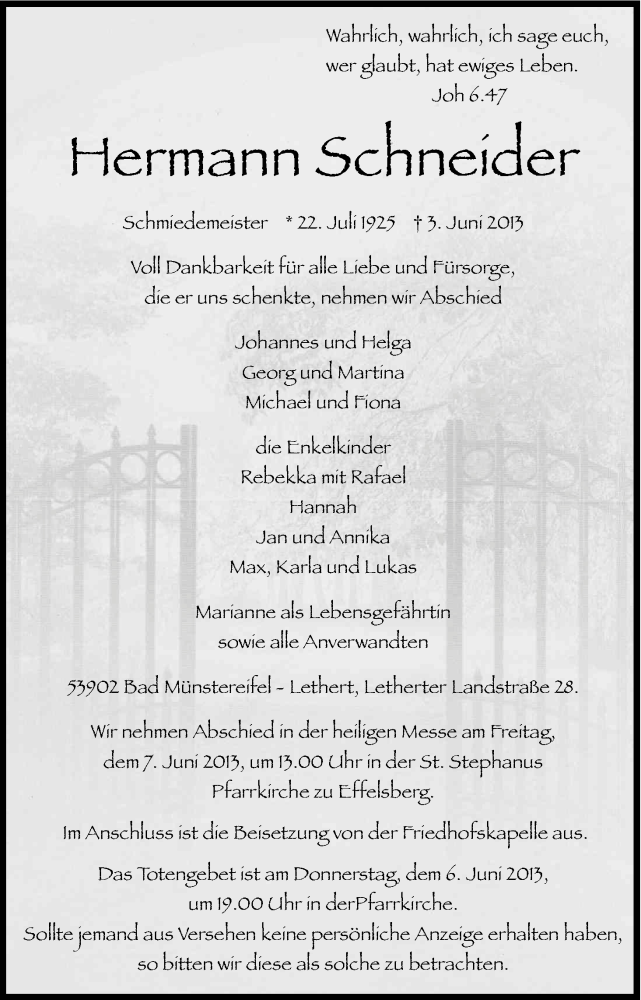  Traueranzeige für Hermann Schneider vom 05.06.2013 aus Kölner Stadt-Anzeiger / Kölnische Rundschau / Express